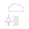 Vector confused businessman character with short wooden ladder to reach cloud. Black outline