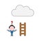 Vector confused businessman character with short wooden ladder to reach cloud. Color and black outlines