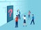 Vector of confused people standing in front of a closed door with question mark