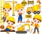 Vector Construction Set with Cute Little Builders, Transport and Tools. Vector Little Boys