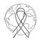 Vector continuous line drawing with red ribbon and earth planet in black isolated on white background. AIDS Awareness symbol.