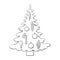 Vector contour Christmas tree decorated with xmas balls, glass toys, decorations. New year, Xmas illustration