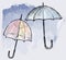 Vector contour drawing of two opened umbrellas on watercolor background