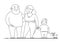 Vector contour illustration of a family, dad, mom, son, small dog. Happy overweight family. Fat parents, fat child, son, fat dog.