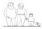 Vector contour illustration of a family, grandmother, grandfather and grandson, a small dog. Happy overweight family. Fat old