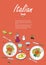 Vector cooking banner template with hand drawn objects on italian food theme: pizza, pasta, tomato, olive oil, olives, cheese, le