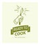 Vector cooking classes logo design template with hand drawn hand, spoon, ribbon icon isolated on light green background.