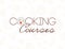 Vector cooking courses logo design template with plate, fork, healthy food isolated on light pattern backdrop.