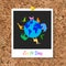 Vector cork board with instant photo card and Animals around planet Earth