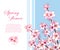 Vector corner bouquet with outline blooming Apricot flowers bunch on the blue background. Ornate blossoming branch of Apricot.