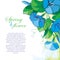 Vector corner bouquet with outline blue Ipomoea or Morning glory flower, green leaf and bud on the pastel background.