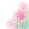 Vector corner bouquet of outline Hydrangea or Hortensia flower bunch and ornate foliage in pink and green on the pastel back.