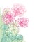 Vector corner bunch with outline pink Geranium or Cranesbills flower and ornate leaf on the pastel green background.