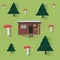 Vector cottage in a forest with trees and mushrooms in flat style