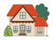 Vector country house icon isolated on white background. Flat farm cottage illustration. Cute red roofed wooden home with bush,