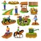 Vector countryside set of clip arts like harvester, sowing seeds, riding a horse, plowing, farm animals, well, farmer, tilling the