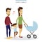 Vector couple love concept. Young family of parents, daughter and baby in the cradle. Romantic illustration.