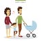 Vector couple love concept. Young family of parents, daughter and baby in the cradle. Romantic illustration.