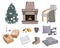 Vector cozy winter set with fireplace, chair, gifts, pillows, and other hygge things. Warming objects illustration
