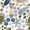 Vector Crabs Fish Starfish Flowers in Blue Purple Gold Green Scattered on White Background Seamless Repeat Pattern