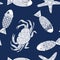 Vector Crabs Fish Starfish in White Scattered on Blue Background Seamless Repeat Pattern. Background for textiles, cards