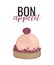 Vector creamy cake with Bon Appetit typography. Delicious bakery poster. Dessert with raspberry onn top, homemadefood with fruits