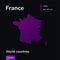 Vector creative digital neon flat line art abstract simple map of France  with violet, purple, pink striped texture