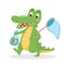 Vector crocodile holding fish and net.