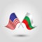 Vector crossed american and bulgarian flags on silver sticks - symbol of united states of america and bulgaria