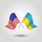 Vector crossed american and ukrainian flags on silver sticks - symbol of united states of america and ukraina