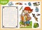 Vector crossword in English, education game for children. Cartoon artist girl and objects for drawing