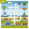 Vector crossword in English, education game for children. Cartoon  set of transport