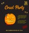 Vector cruel party invitation. Halloween pumpkin with knife and blood. Scary trick or treat holiday print. Bloody horror