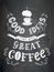 Vector cup of coffee with lettering on the chalk board . Poster with inscription about coffee drinks.