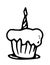 Vector cupcake with icing and a burning candle at the top hand-drawn in doodle style with a black line on a white