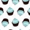 Vector cupcake pattern. Cream dessert with chocolate on top, tasty illustration. Bakery cake decoration. Graphic