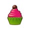 Vector cupcakes or muffins icon. Colorful dessert with cream, chocolate, cherries and strawberries. Multicolor cute cupcake sign f