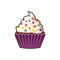 Vector cupcakes or muffins icon. Colorful dessert with cream, chocolate, cherries and strawberries. Multicolor cute cupcake sign f