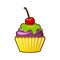 Vector cupcakes or muffins icon. Colorful dessert with cream, chocolate, cherries and strawberries. Multicolor cute cupcake sign f