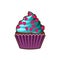 Vector cupcakes or muffins icon. Colorful dessert with cream, chocolate, pink hearts. Multicolor cute cupcake sign for flyers, pos
