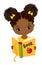 Vector Cute African American Girl Reading Book. Vector Little Girl with Book