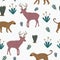 Vector cute animal pattern with hand drawn leopard, flowers, and moose deer. Childish drawing colorful funny animals with floral b