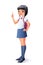 Vector cute Asian school girl finger pointing up with idea.