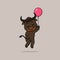Vector cute baby bull cartoon floating holding ballon icon illustration