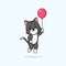 Vector cute baby cat cartoon floating holding ballon icon illustration