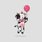 Vector cute baby cow cartoon floating holding ballon icon illustration