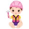 Vector Cute Baby Girl Dressed as Little Builder with Hammer