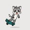 Vector cute baby racoon cartoon playing skateboard icon flat illustration