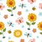 Vector cute baby seamless pattern with sunflower, butterfly, bee, sun. Funny repeating background with adorable kawaii characters