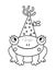 Vector cute black and white frog in birthday hat. Funny b-day animal for card, poster, print design. Outline holiday illustration
